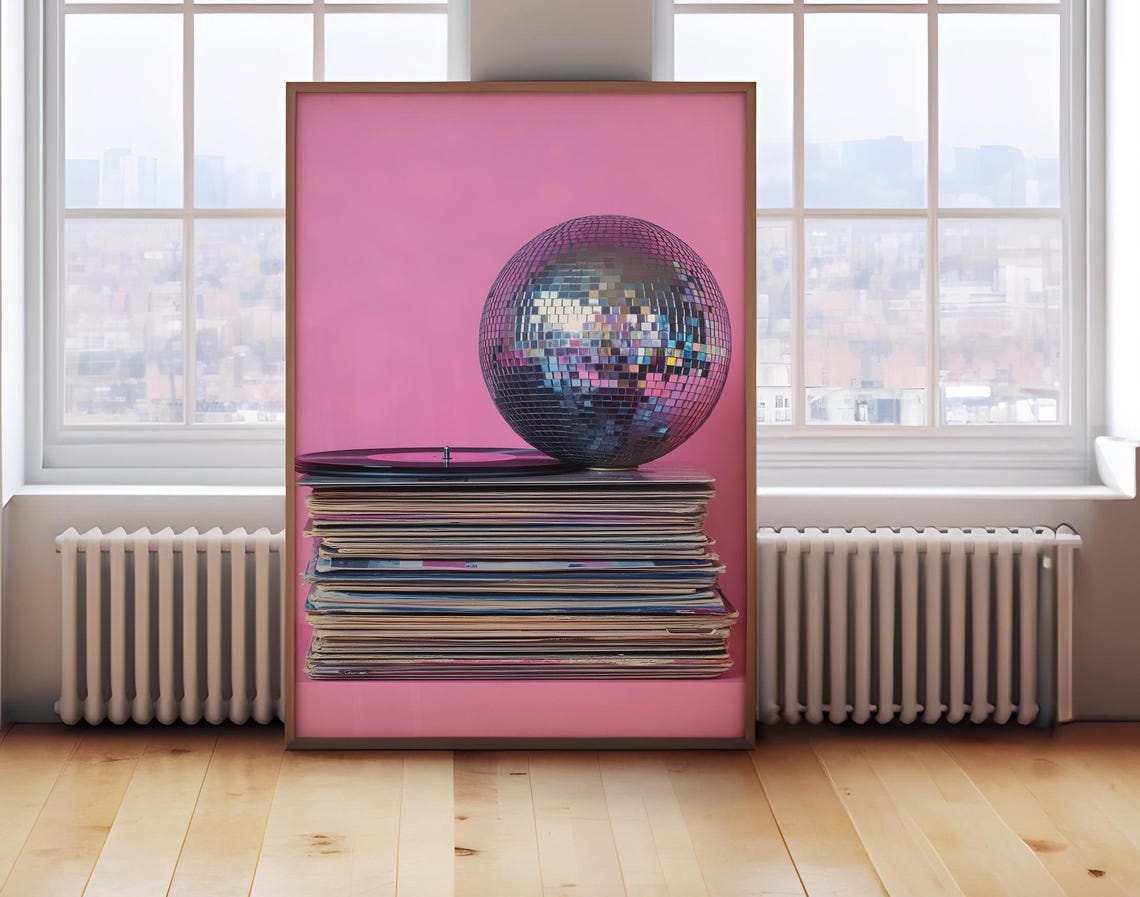 Disco Ball Stack Of Vinyl Records Pink Retro Music Room Wall Poster