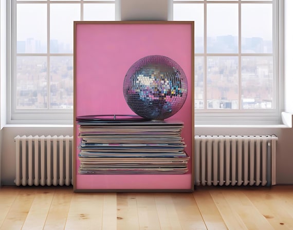 Disco Ball Stack Of Vinyl Records Pink Retro Music Room Wall Poster