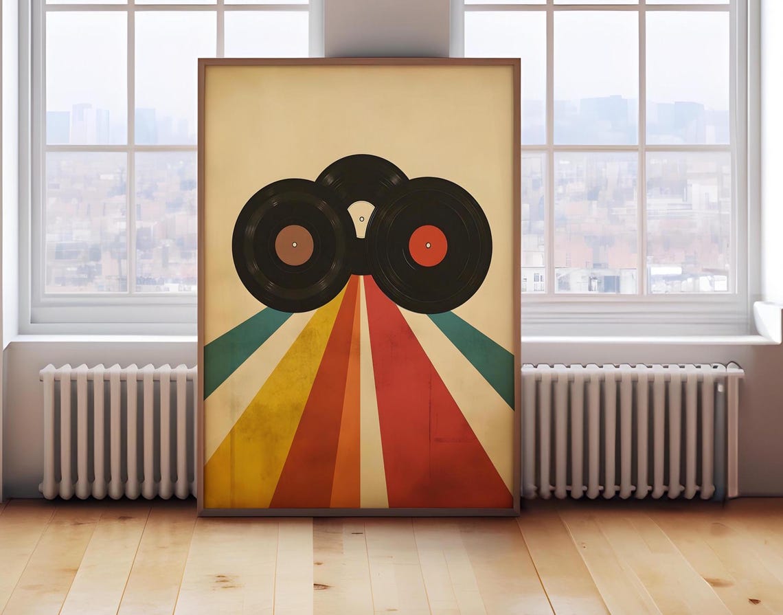 Three Retro Vinyl Records On A Cream Vintage Sunburst Art Poster