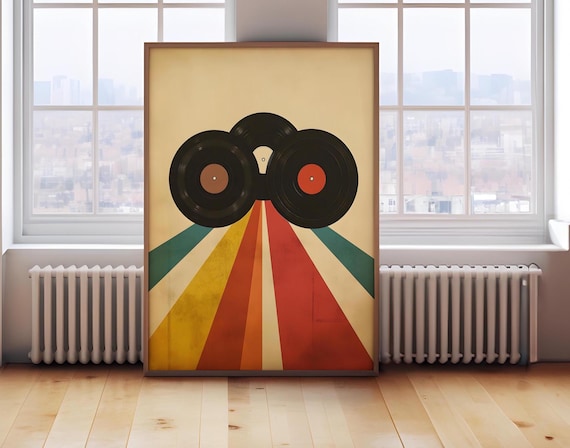 Three Retro Vinyl Records On A Cream Vintage Sunburst Art Poster