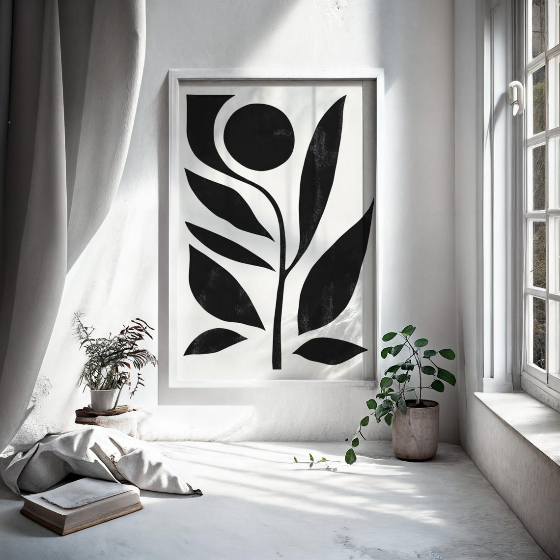 Scandinavian Minimalist Black White Botanical Leaf Silhouette Wall Art - Image 5