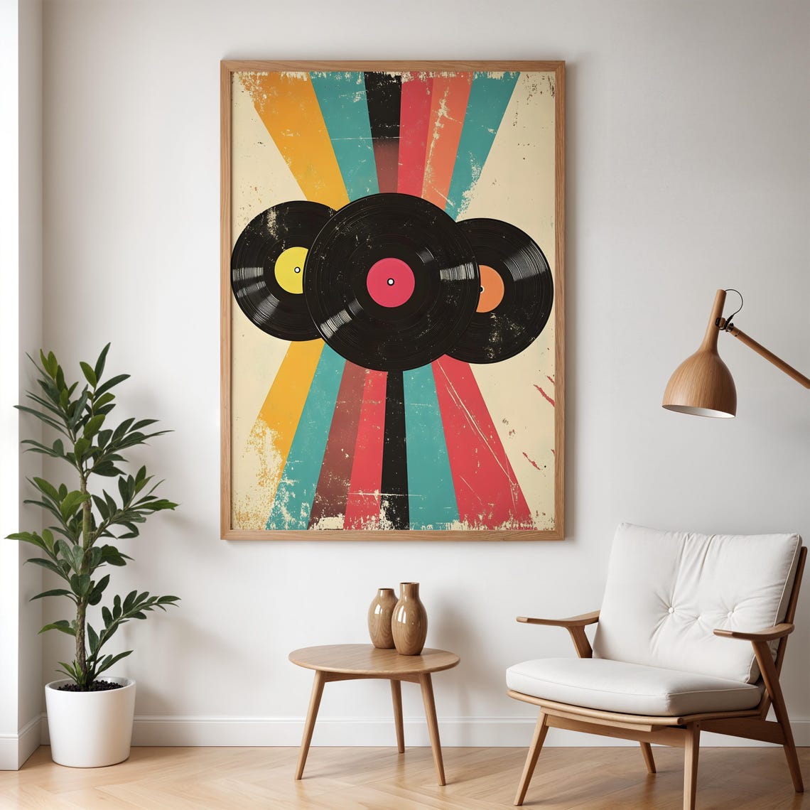 Three Retro Vinyl Records Over A Vibrant Colorful Sunburst Poster - Image 4