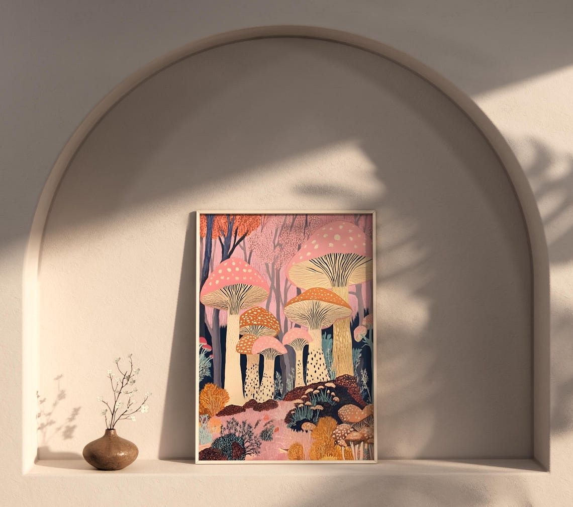 Whimsical Pink Mushroom Forest Fairy Illustration Art Poster - Image 2