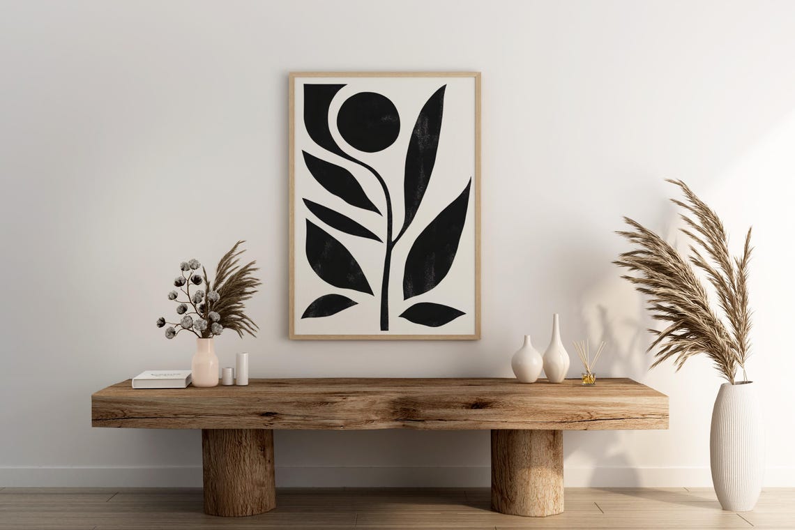 Scandinavian Minimalist Black White Botanical Leaf Silhouette Wall Art - Image 3
