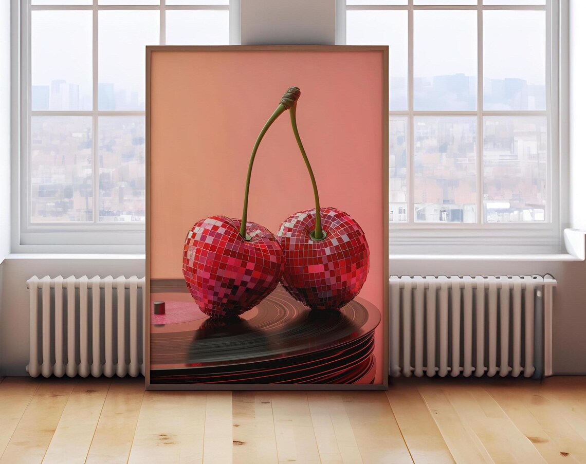 Cherry Vinyl Music Poster Vintage Wall Art Disco Ball Funky Print Music Wall Art Trendy Decor Large Print Diy Art