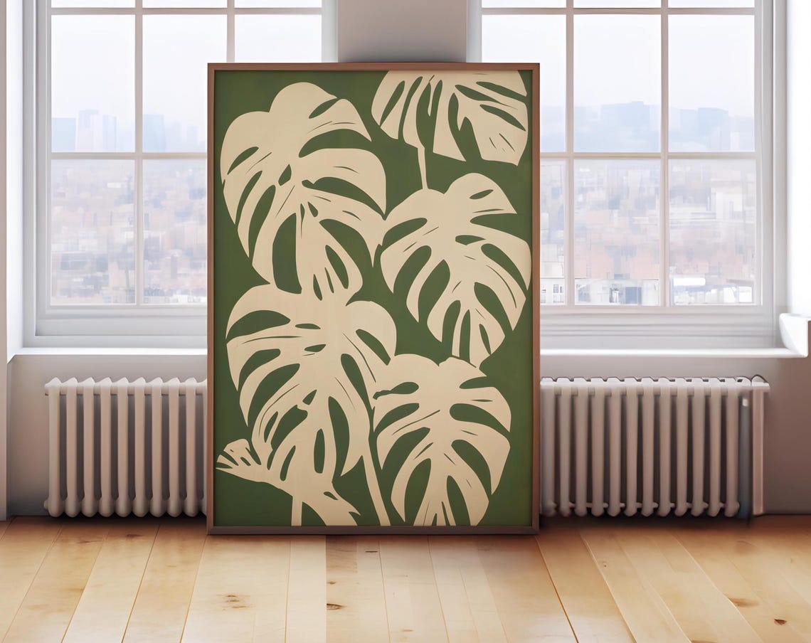 Large Cream Monstera Leaves On A Sage Green Botanical Art Print