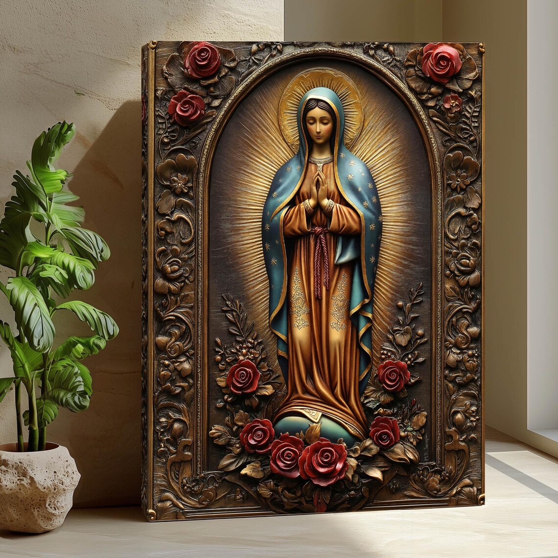 Our Lady Of Guadalupe Carved Wood Style With Red Roses Border Marian Poster