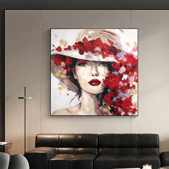 Elegant Woman Red Floral Hat Bold Red Lips Modern Abstract Portrait Poster