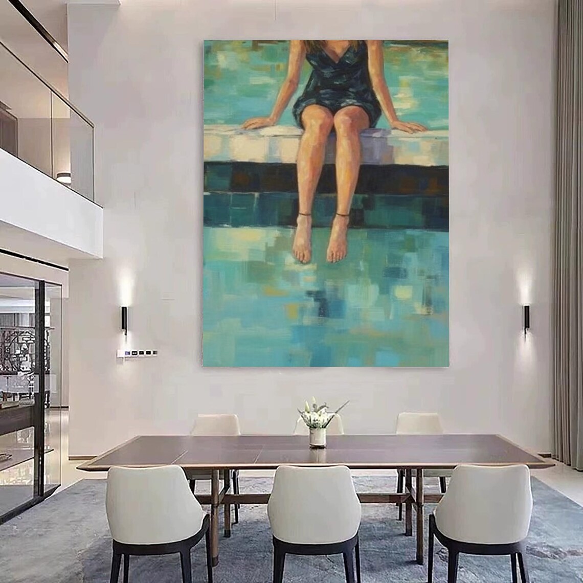 Woman By Pool Dangling Feet Turquoise Water Abstract Oil Painting Poster - Image 2