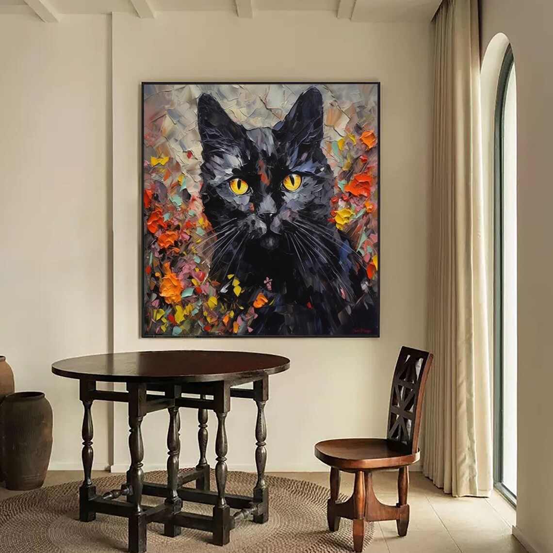 Black Cat Golden Eyes Autumn Flower Garden Impasto Oil Painting Art Print - Image 3