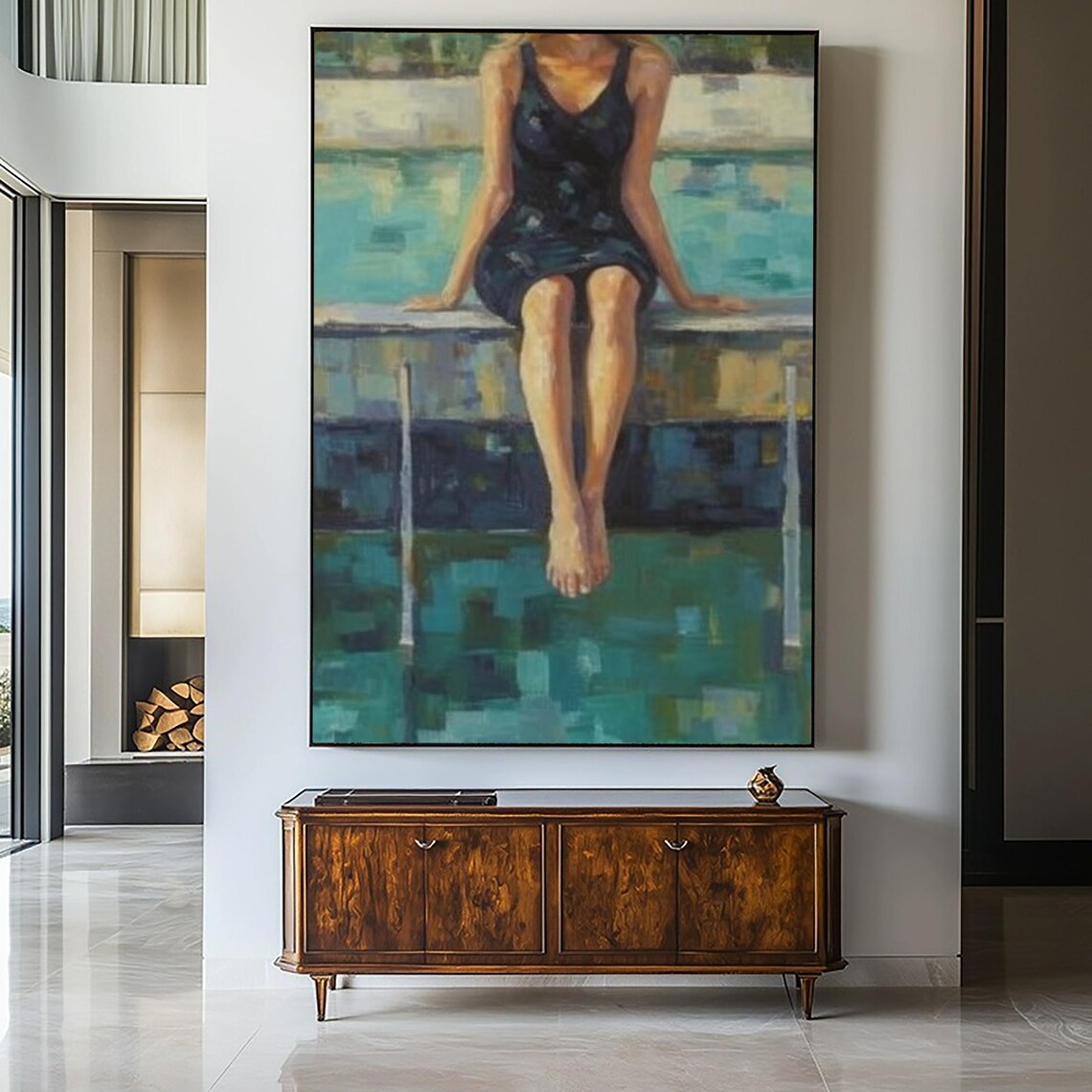 Woman Sitting Pool Edge Turquoise Water Summer Relaxing Oil Art Poster - Image 3
