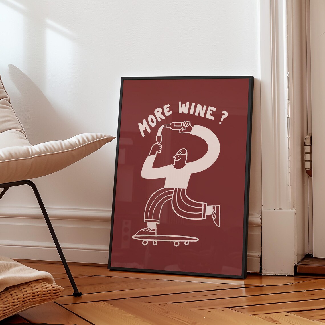 More Wine Funny Skateboarder Pouring Wine Retro Bar Cart Poster