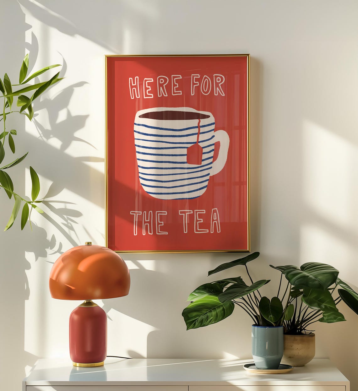 Here For The Tea Striped Teacup Red Kitchen Quote Wall Poster