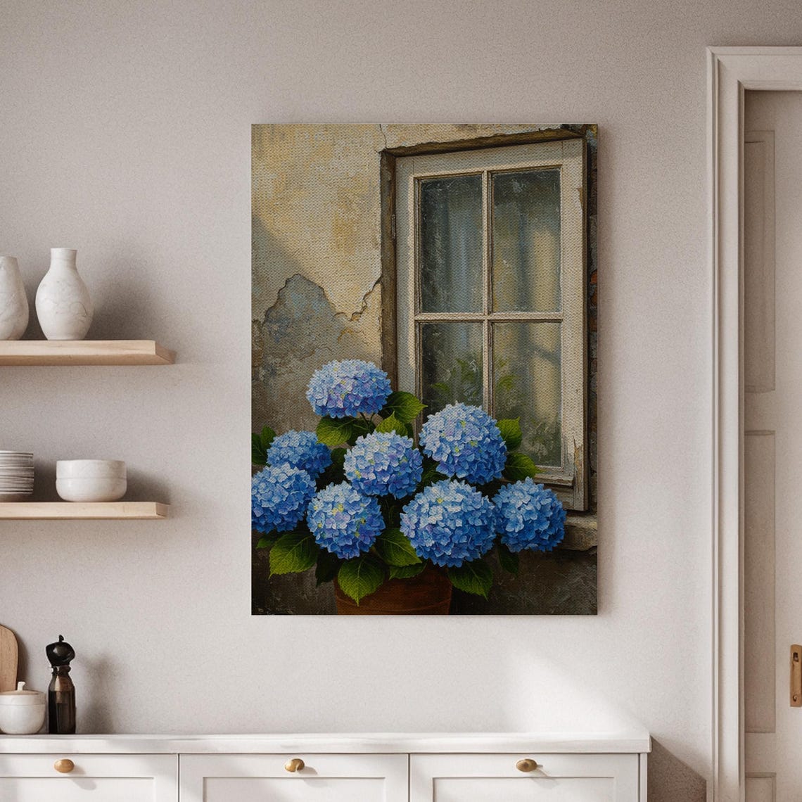 Blue Hydrangeas Terracotta Pot Rustic Window Floral Art Poster