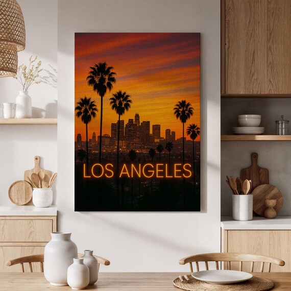 Framed Los Angeles Sunset Canvas Art Neon La Skyline And Palm Trees Painting Vibrant Wall Decor For Living Room