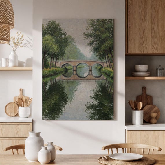 Framed Bridge Reflection Canvas Art Tranquil River Landscape Painting Tree And Wall Decor Nature For Living Room