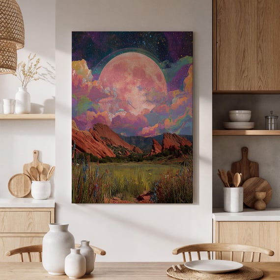 Framed Surreal Landscape Canvas Wall Art Moon Over Red Rocks And Colorful Clouds Dreamy Fantasy Nature Print For Living Room Or Bedroom