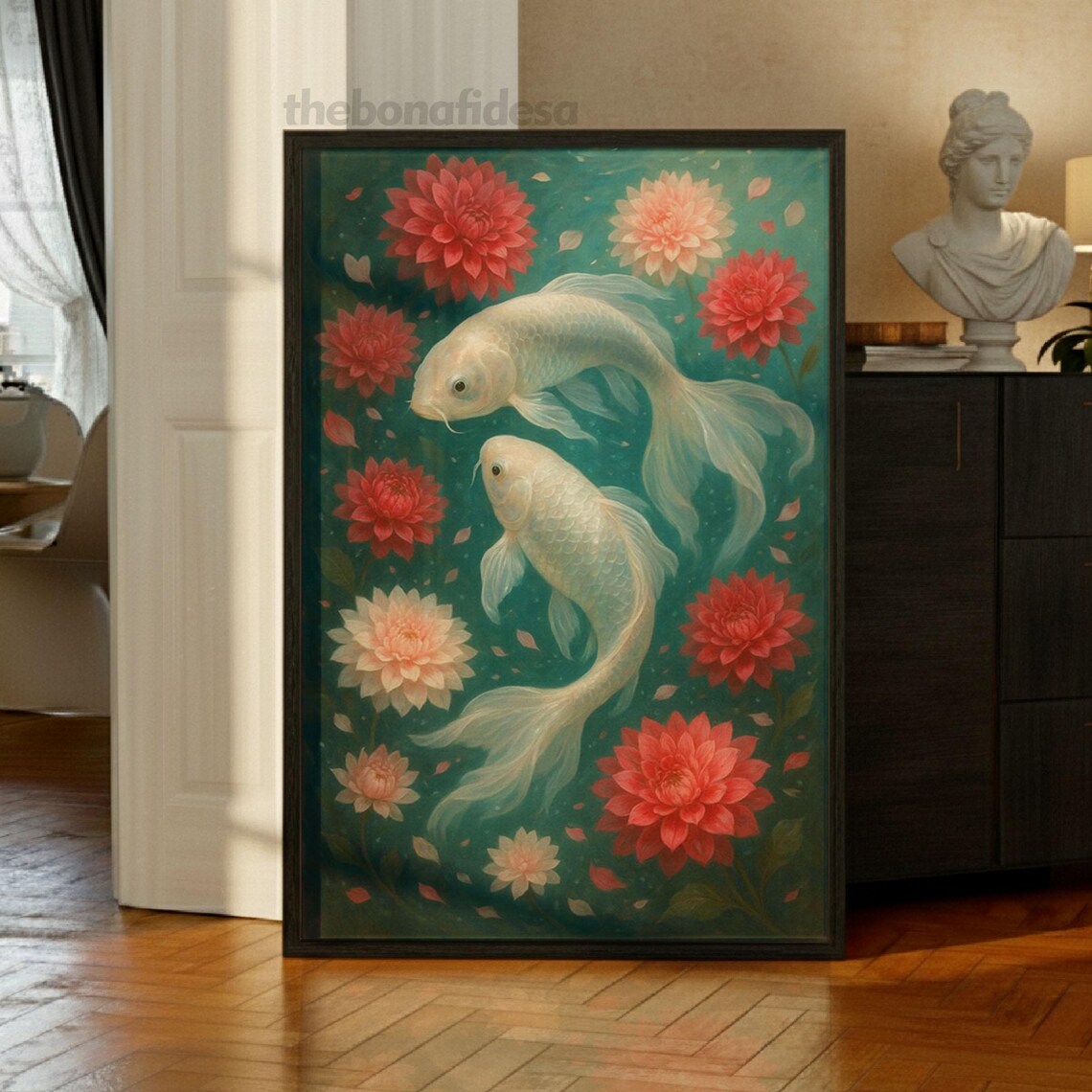 White Koi Fish With Red Dahlias on Teal Vintage Floral Art Print