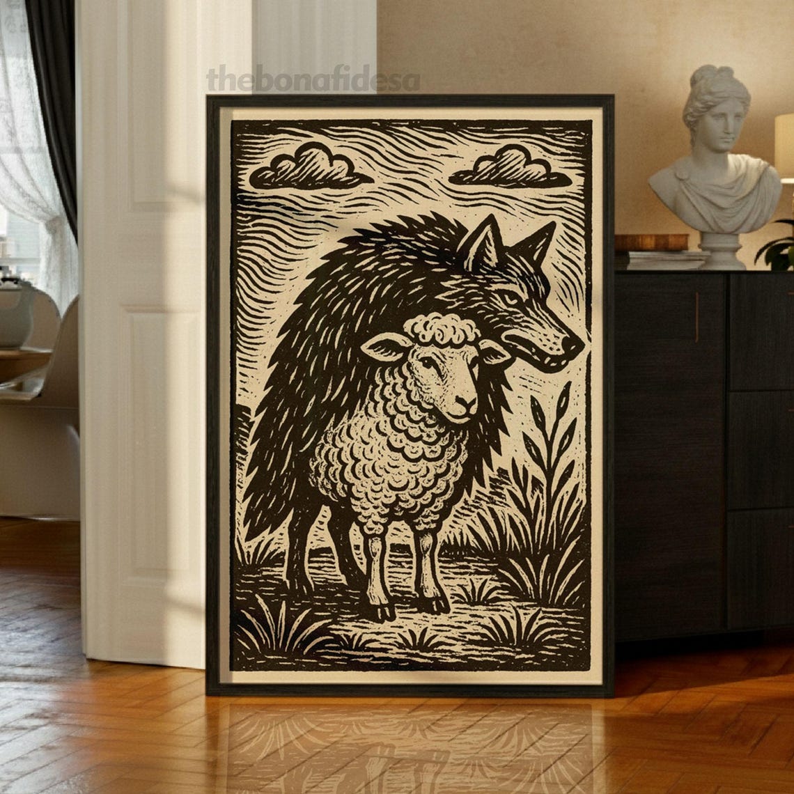Wolf In Sheeps Clothing Linocut Folk Art Gothic Dark Woodcut Print