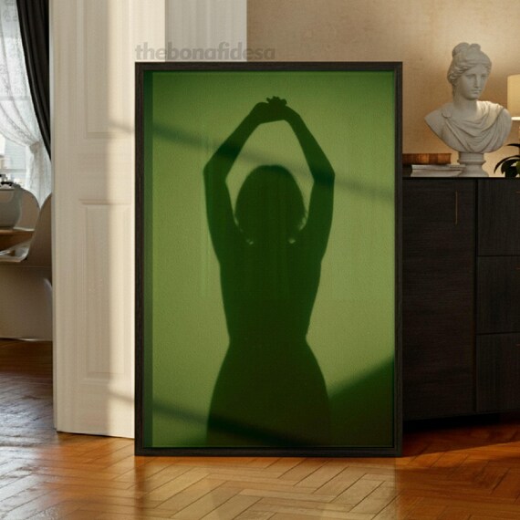 Woman Silhouette Shadow Arms Raised Green Minimalist Wall Art