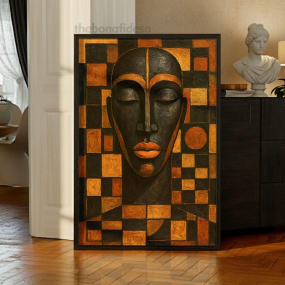 Abstract Face Print Geometric Wall Art Modern Cubist Poster Bold Color Orange Black Artwork Tribal Cubism Decor