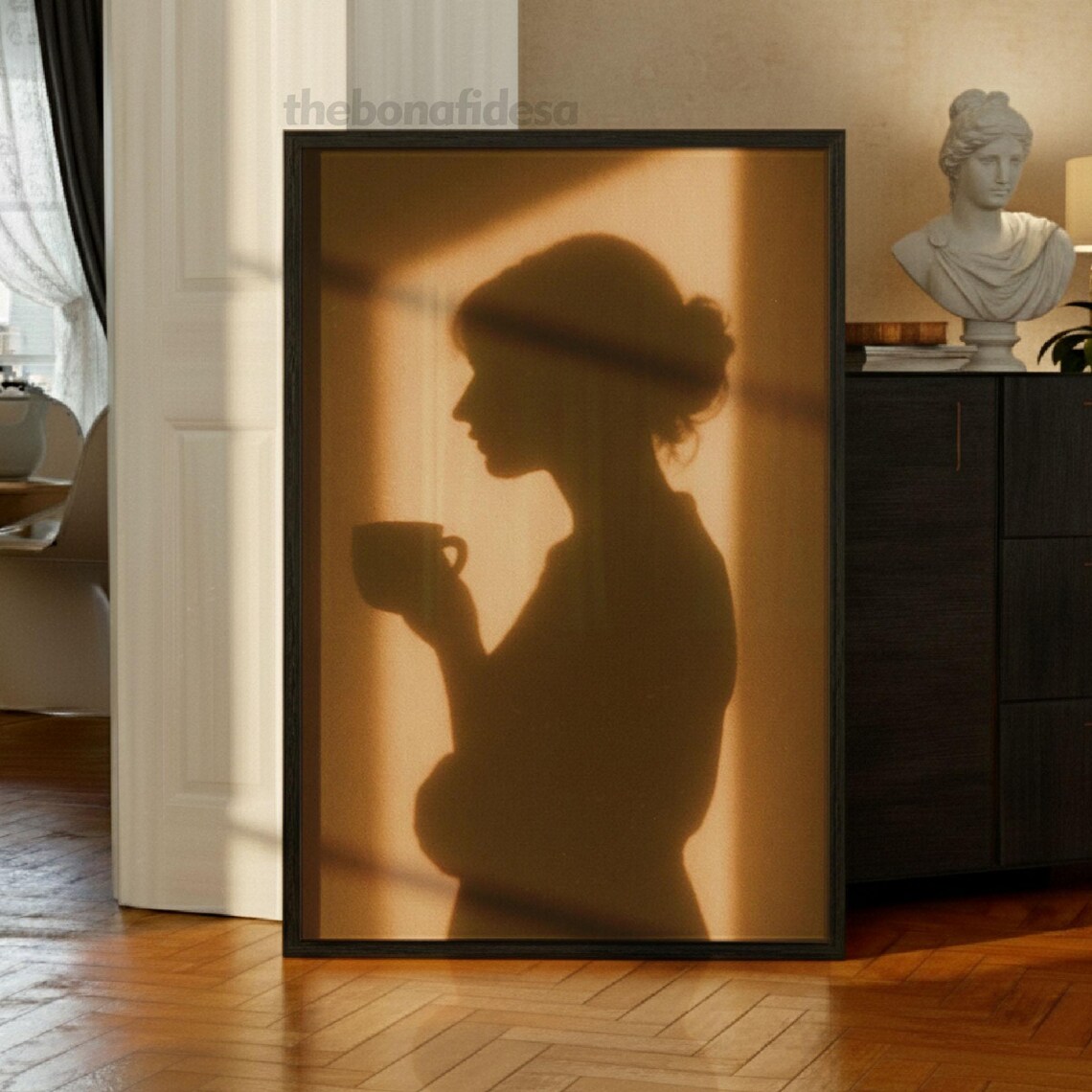 Woman Silhouette Coffee Window Light Minimalist Boho Morning Print