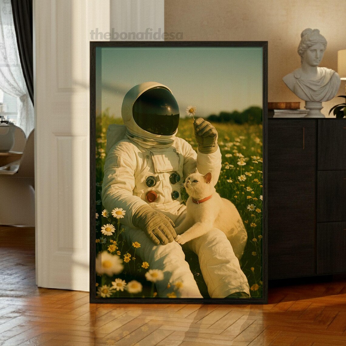 Astronaut and White Cat in Wildflower Field Surreal Space Art Print