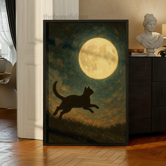 Cat Silhouette Moon Artwork Mystical Night Lunar Design Vintage Poster Boho Home Decor Eclectic Interior Modern Apartment Rustic