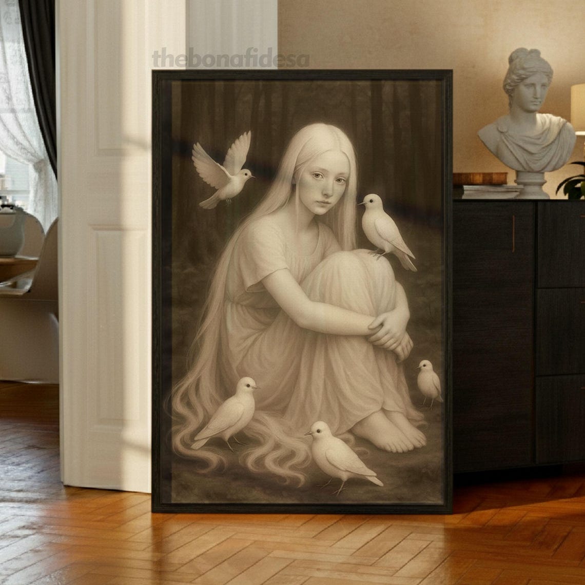 Pale Girl With White Doves Dark Sepia Gothic Fantasy Portrait Print
