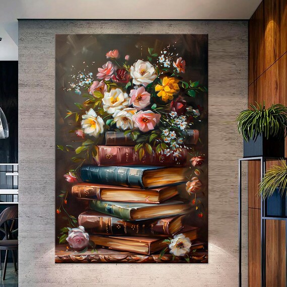 Antique Books Stack Floral Roses Still Life Library Dark Academia Wall Art Poster