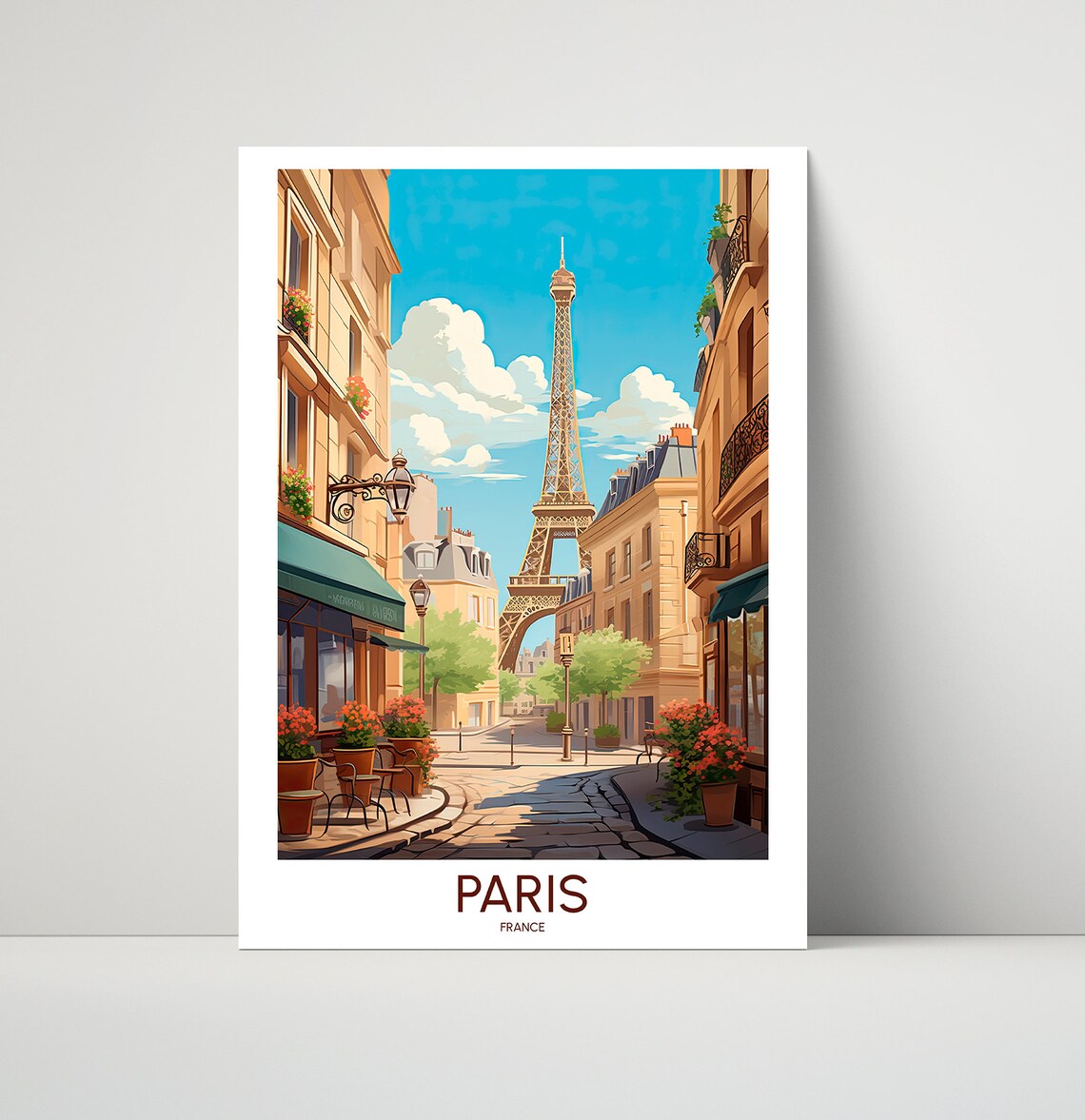 Paris France Eiffel Tower Cobblestone Street Cafe Travel Poster