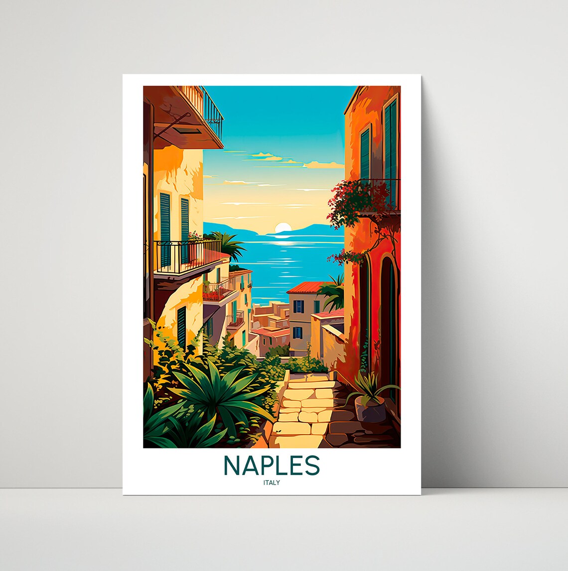 Naples Italy Golden Sunset Bay Balcony Flowers Vintage Travel Poster
