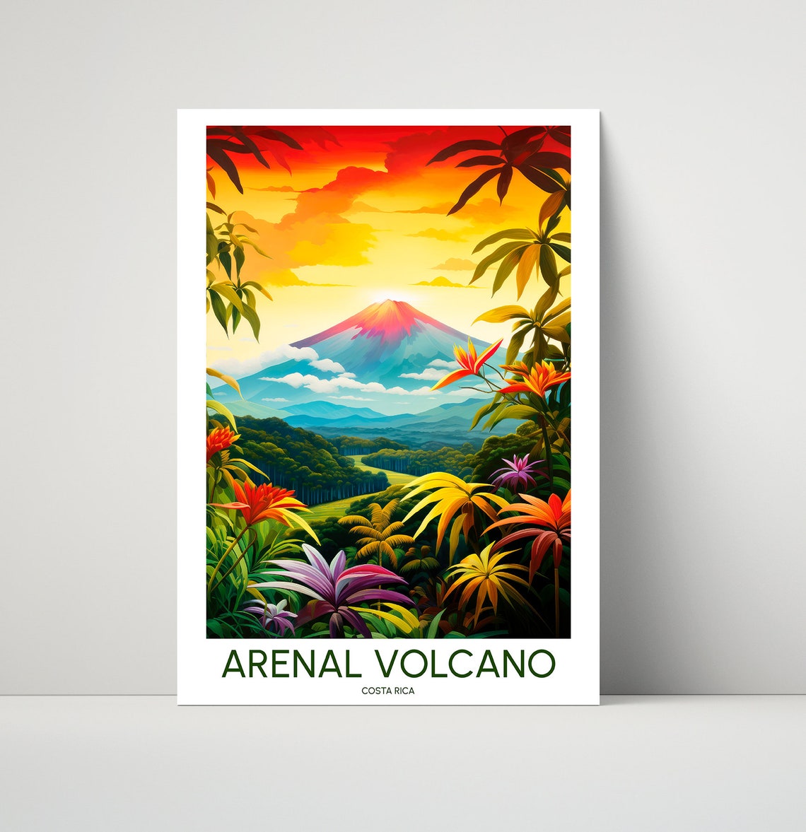 Arenal Volcano Costa Rica Sunset Jungle Illustrated Travel Poster
