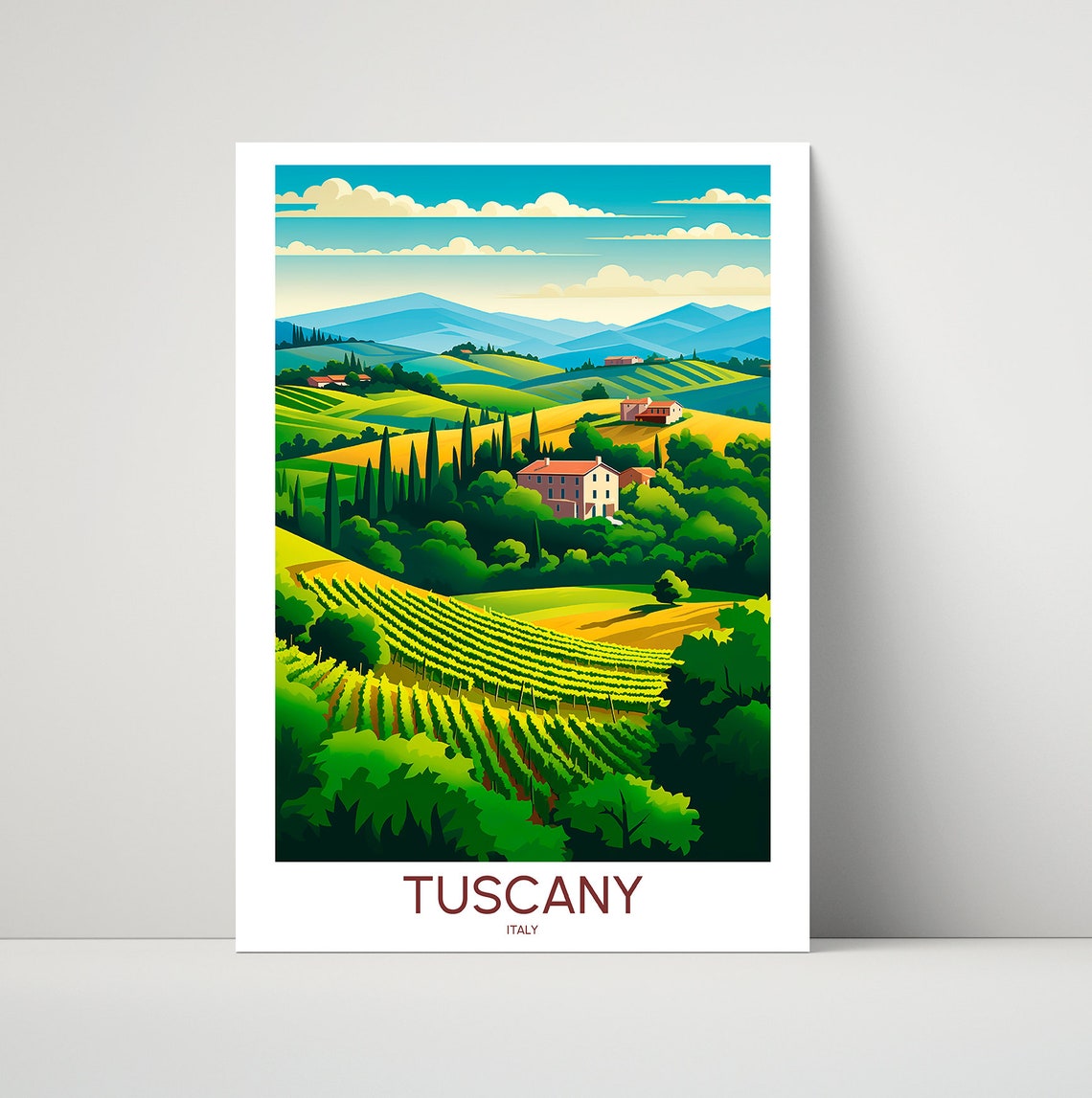 Tuscany Italy Rolling Vineyard Hills Cypress Trees Vintage Poster