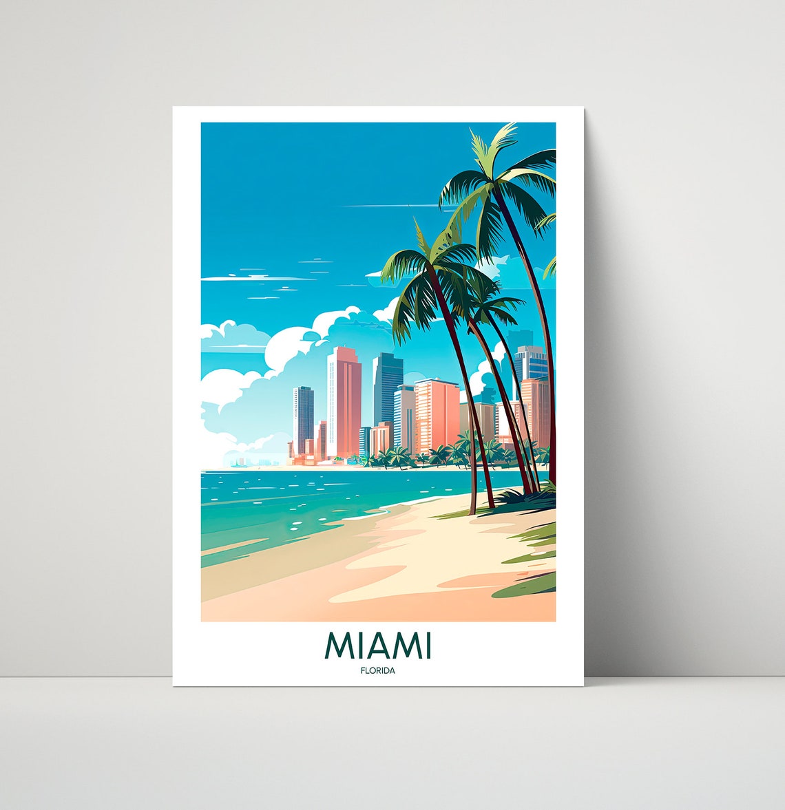 Miami Florida Beach Skyline Palm Trees Illustrated Travel Poster