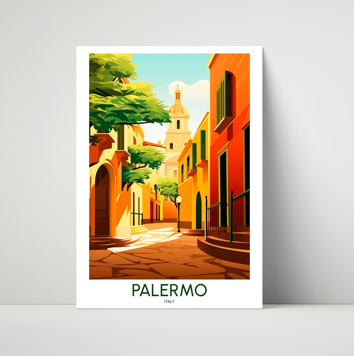 Palermo Italy Historic Old Town Street Dome Vintage Travel Poster