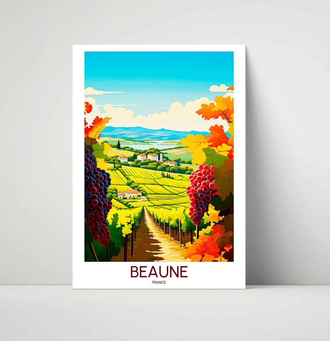 Beaune France Autumn Vineyard Rows Grape Harvest Travel Poster