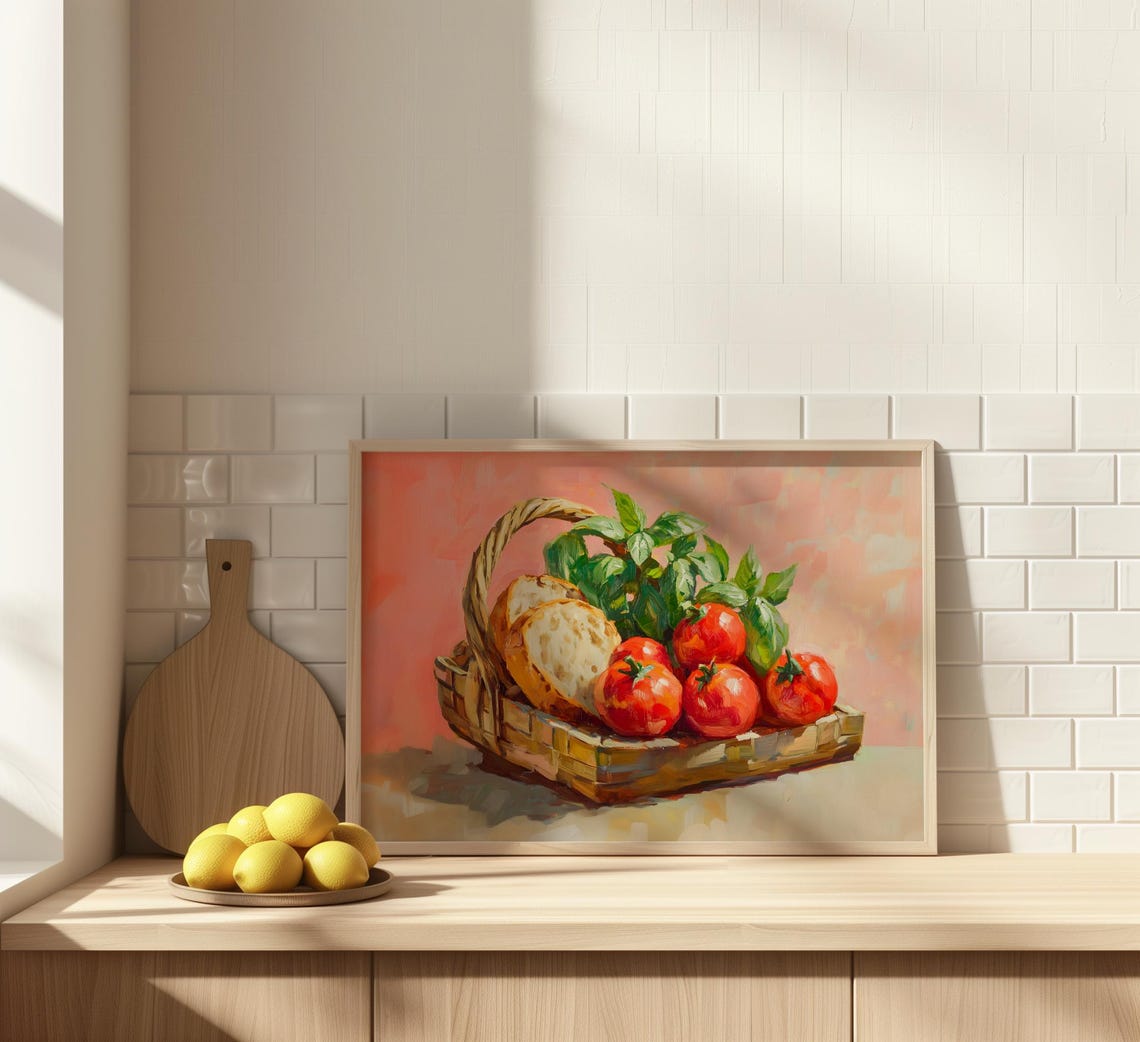 Tomato Basil Bread Basket Mediterranean Still Life Kitchen Print - Image 4
