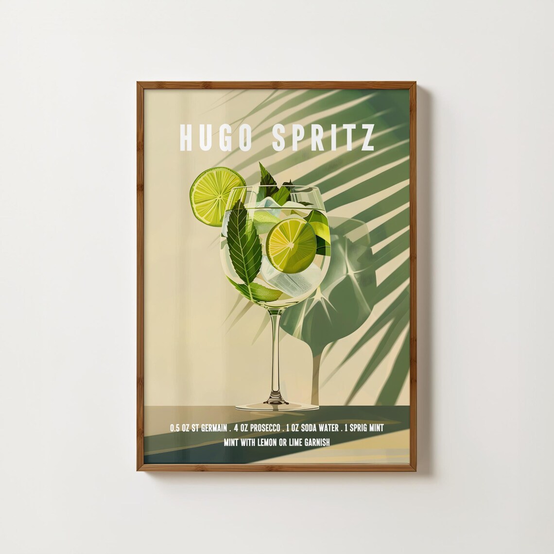 Retro Hugo Spritz Cocktail Recipe Art With Mint And Lime Garnish Poster