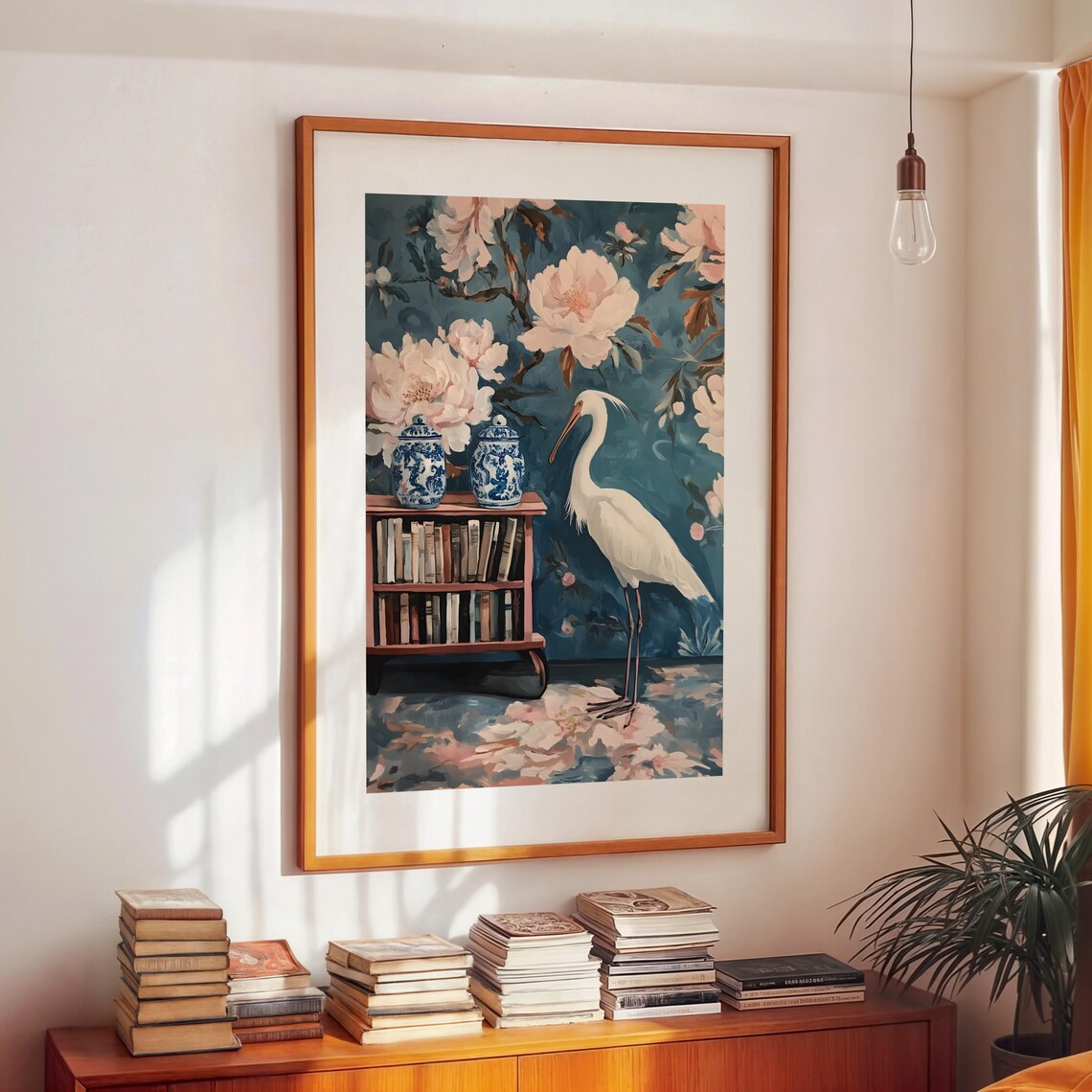 White Egret Beside Wooden Bookshelf Chinoiserie Peony Art Poster - Image 2