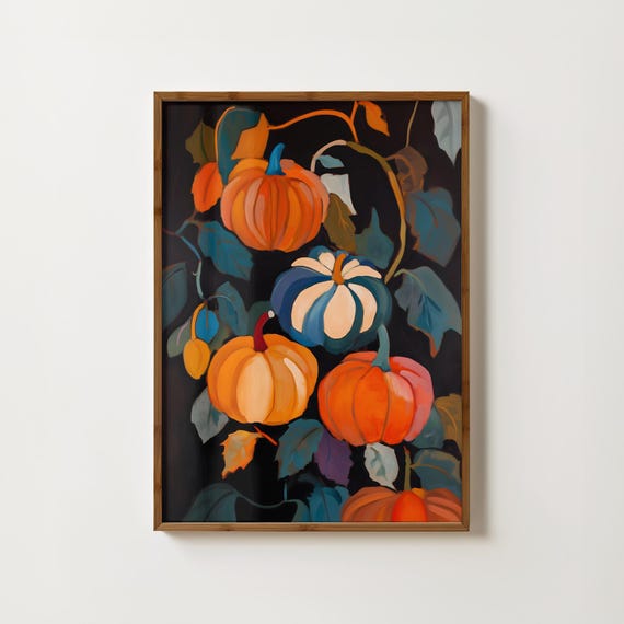 Moody Pumpkin Painting Fall Wall Art Pumpkin Patch Print Farmhouse Decor Halloween Prints Pumpkin Poster Rustic Fall Prints Kitchen Wall Art