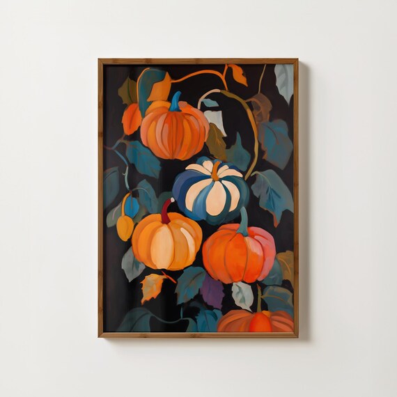 Moody Pumpkin Vines Dark Background Autumn Harvest Painting Poster