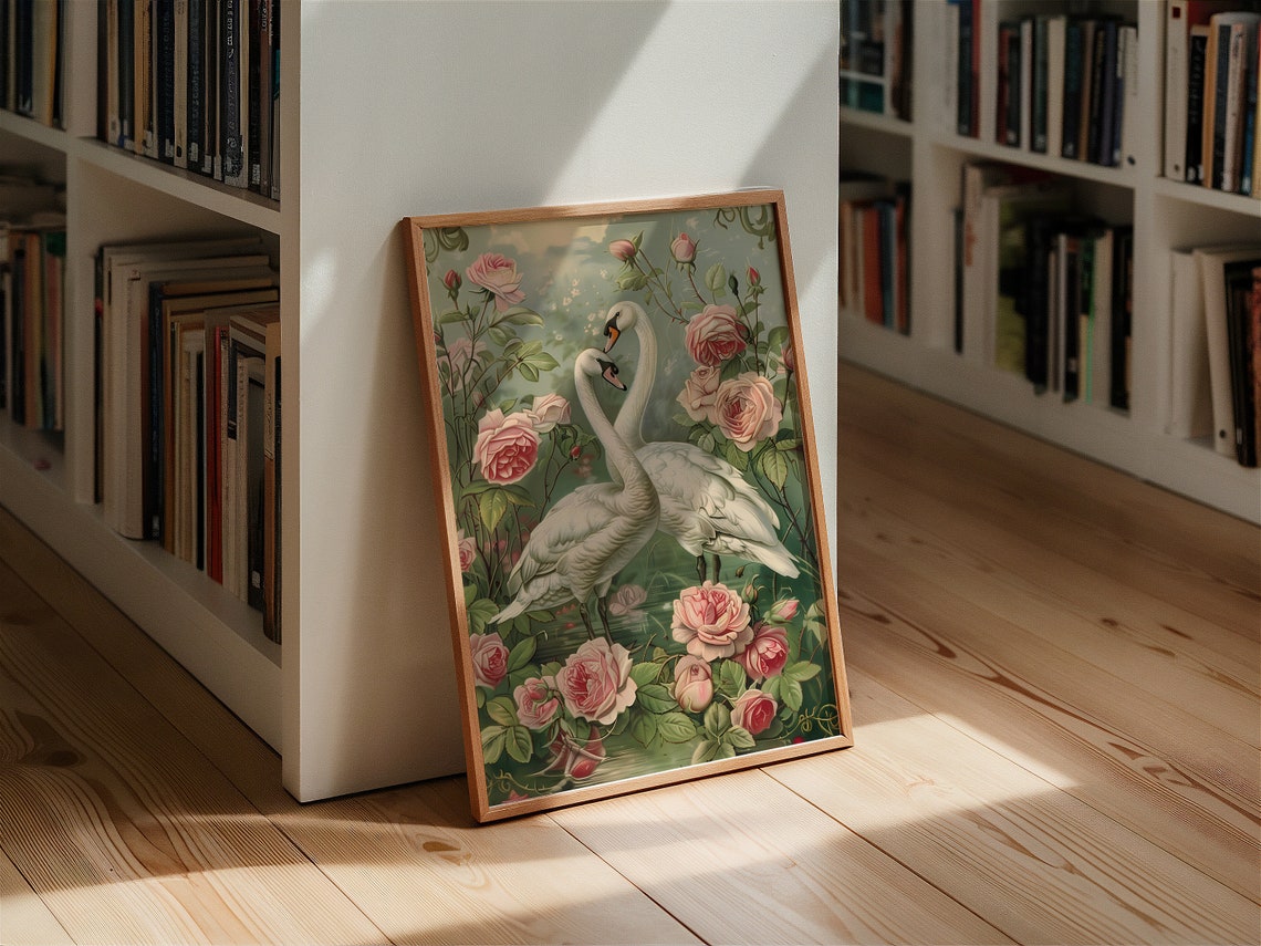 Two Swans Among Pink Roses Vintage Romantic Botanical Art Poster - Image 2