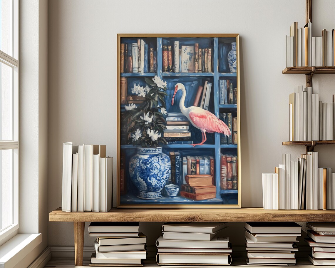 Spoonbill Library Chinoiserie Wall Art Print - Image 4