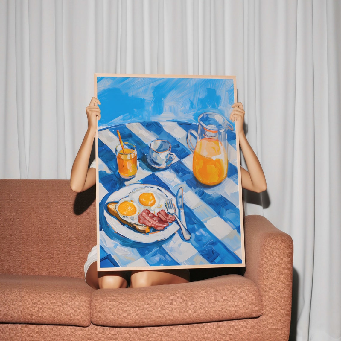 Bacon And Eggs Breakfast Spread On Blue Checkered Table Art Poster - Image 2