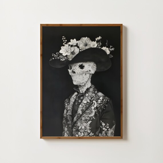 Skeleton Cowboy Hat With Flowers Gothic Black White Art Poster