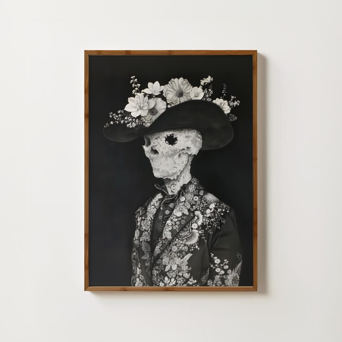 Skeleton Cowboy Hat With Flowers Gothic Black White Art Poster