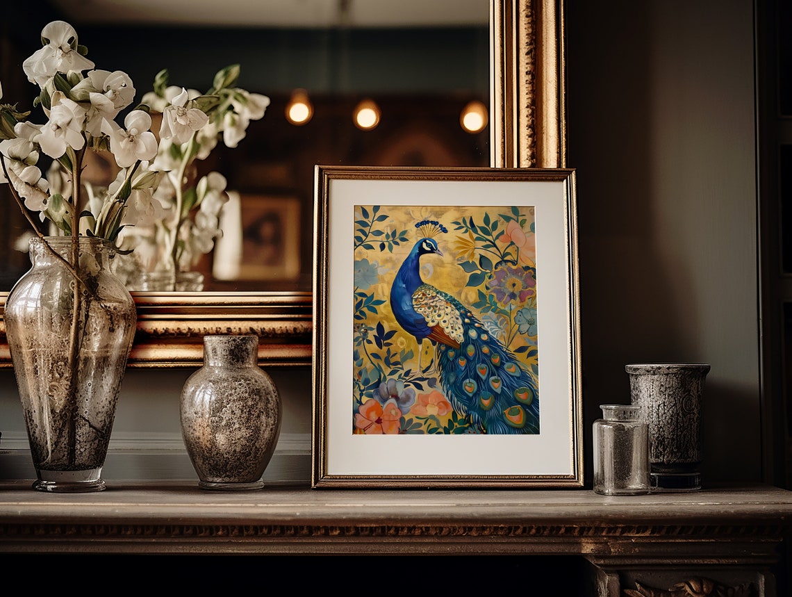 Vintage Gold Peacock Floral Elegant Botanical Bird Art Poster - Image 2