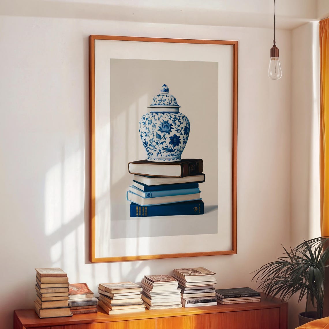 Blue And White Porcelain Ginger Jar On Blue Book Stack Art Poster - Image 3