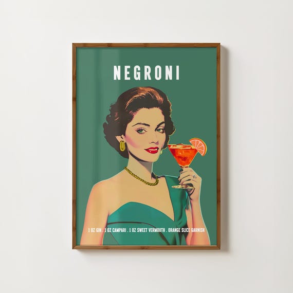Negroni Retro Cocktail Poster, Bar Cart Kitchen Decor